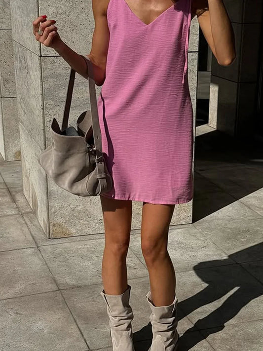 Ahagaga Fashion Women's Dresses Solid Straps Bandage Regular Causal V-Neck Sleeveless Summer Camisole Loose Sweet Femlae Vestido