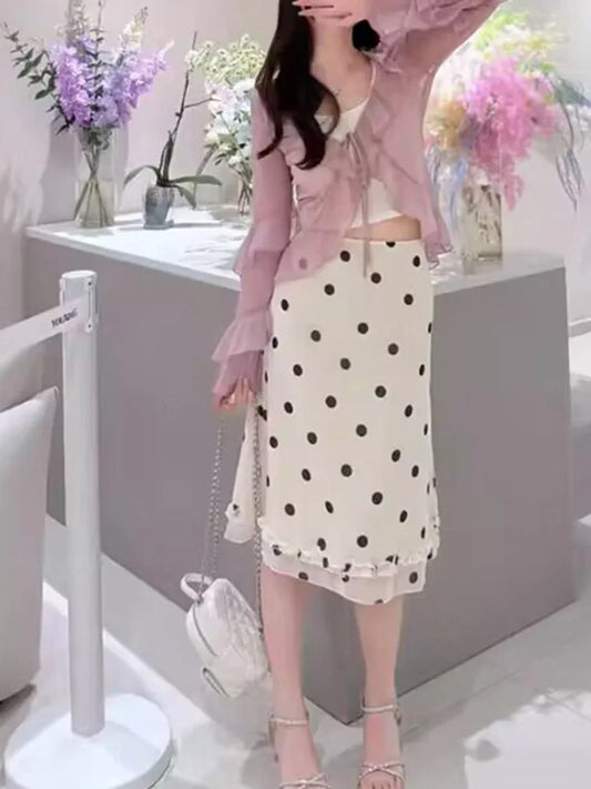 Fashion Polk Dot Printed Edible Tree Fungus Trim Skirts Women Holidays Zipper-Up Mesh Half Double Layers Bottoms 2025