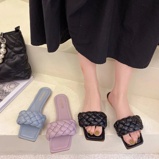 2024 summer women new square head flat bottom woven in-line women's large size beach sandals/slippers all-match leisure slippers