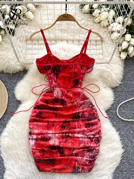 SINGREINY Women Sexy Folds Sheath Dress Sleeveless Bandage Design Slim Dresses Fashion Hollow Out Sensual Camis Club Print Dress