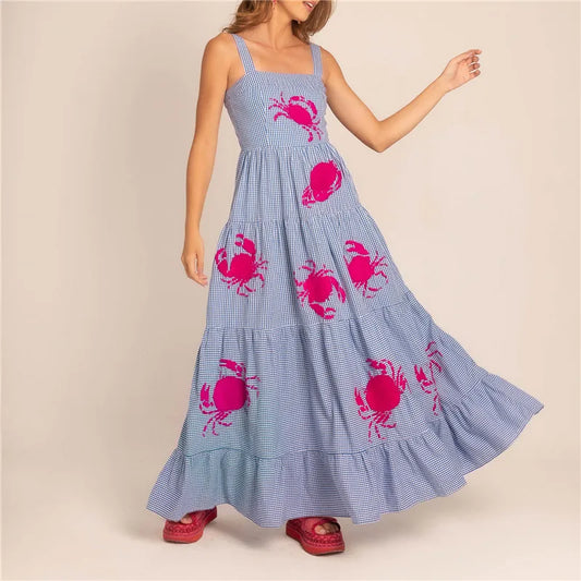 Imcute Women Cute Embroidered Maxi Dress Beach Dress Summer Boho Ruffle Long Dress Spaghetti Strap Flowy Maxi Dress