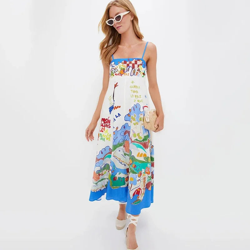 Spaghetti Strap Women Floral Print Strap Sping Summer A Line Long Vest Dress Elegant High Waist Casual Fashion Women's Dress