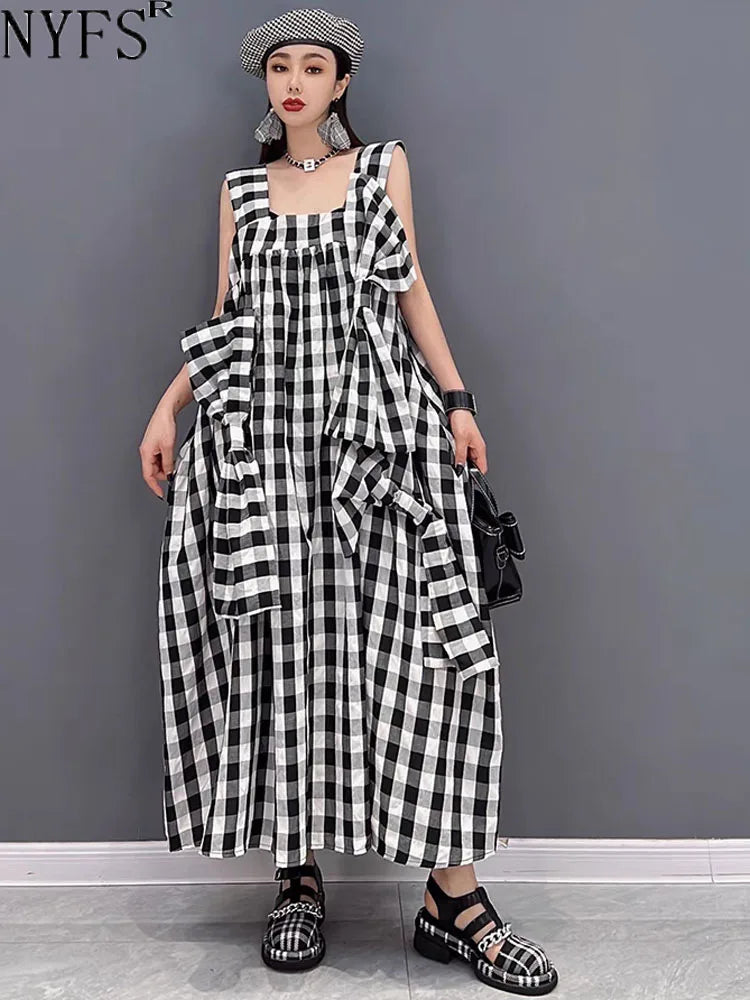 NYFS 2025 Summer New Plaid Dresses Backless Sleeveless Patchwork Bow Small Fresh Minority Elegant Loose Plus Size Long Dress