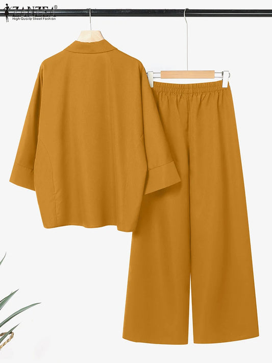 2025 ZANZEA Autumn 2PCS Outfits Women Solid Matching Set Loose Pant Sets Lapel Neck 3/4 Sleeve Shirts Trousers Work Tracksuits