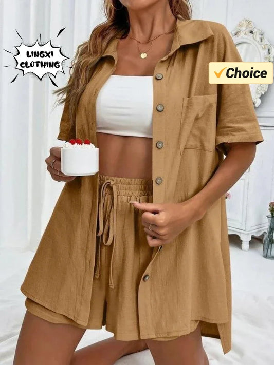 2024 Summer Fashion Sports Casual Cotton Linen Two Piece Set for Women's Single Breasted Shirt Elastic Waist Short Two Piece Set