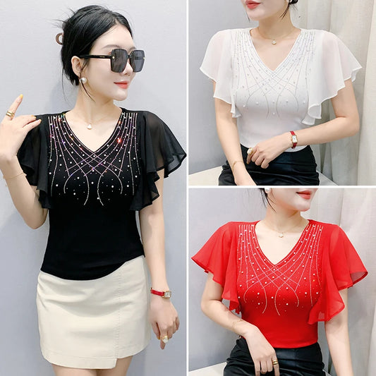 Summer Korean style Women T Shirt Elegant Ruffled Patchwork Chiffon Shirt V Neck Slim Diamond Tops