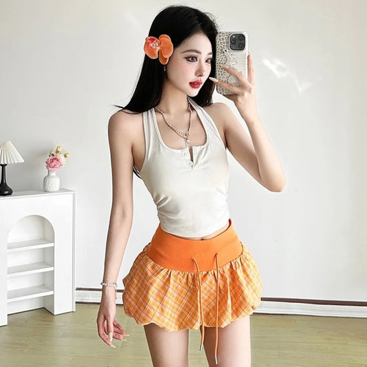 SylCue Sweet Style Mini Skirts Women Plaid Patchwork Drawstring Elasticity Waist Skinny Street Fashion Versatile Style Outfits