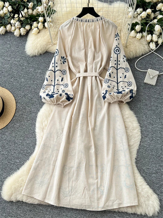 SINGREINY French Vintage Embroidery Dress Female Lantern Sleeve Buttons Lace Up Slim Design Autumn Fashion Vacation Long Dress