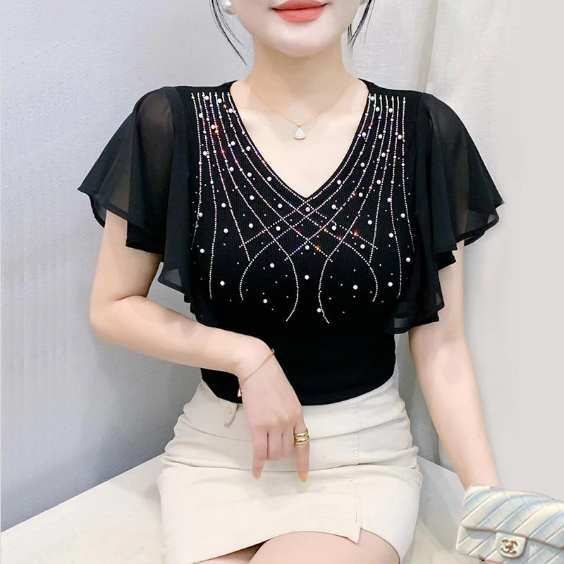 Summer Korean style Women T Shirt Elegant Ruffled Patchwork Chiffon Shirt V Neck Slim Diamond Tops
