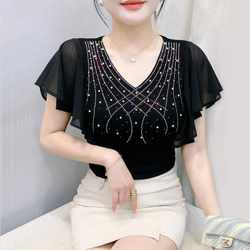 Summer Korean style Women T Shirt Elegant Ruffled Patchwork Chiffon Shirt V Neck Slim Diamond Tops
