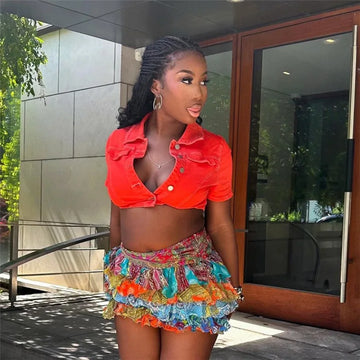 Paisley Print Layered Ruffles Mini Cake Skirts Women Summer Vintage High Waist All Match Casual Streetwear Vacation Bottoms