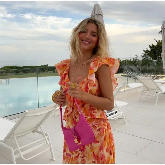 Sexy Backless Print Dress Women Butterfly Sleeve Hollow Out Bandage Long Dresses 2025 Summer Vacation Ruffles Lady Beach Robe