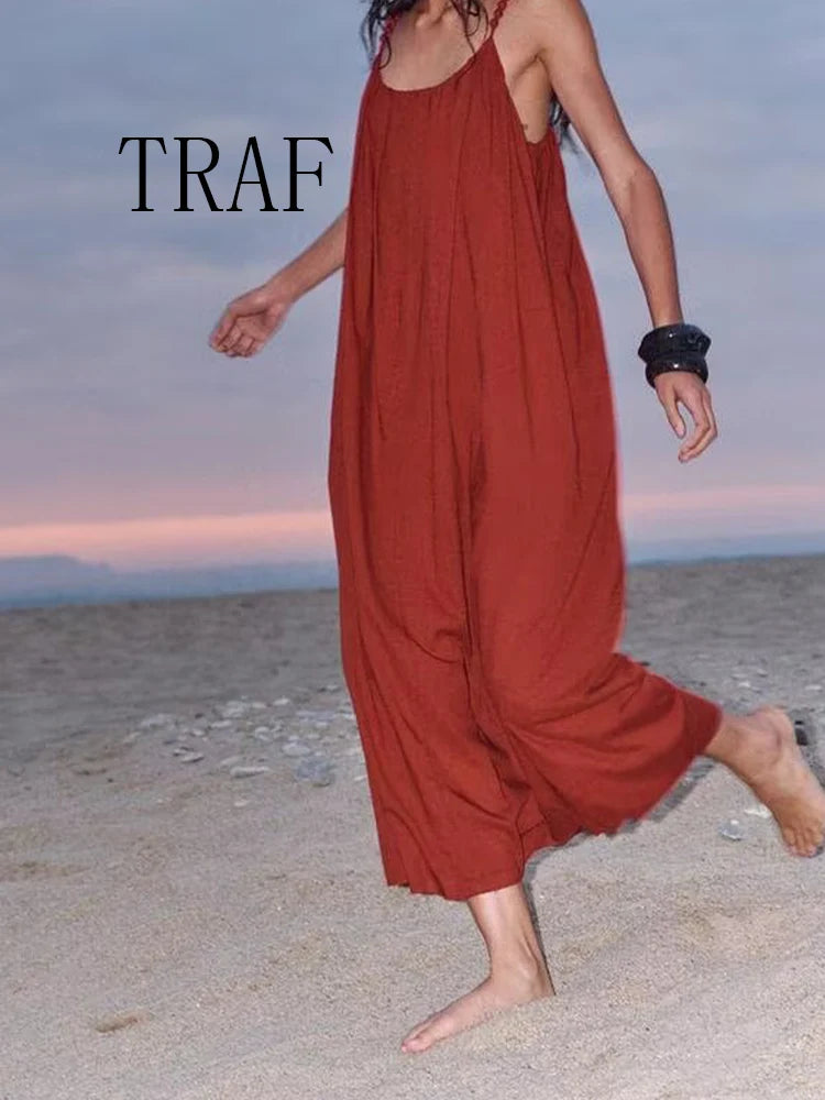 TRAF European and American style women's summer new fashion solid color sleeveless slim beaded suspender dress