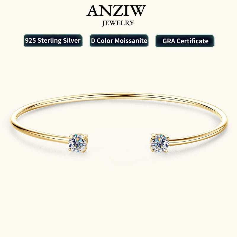 Anziw 5mm 0.5CT D VVS1 Moissanite Bangle Cuff Real 925 Sterling Silver Bracelet for Women Hand Opening Cuffs Fine Jewelry Gifts