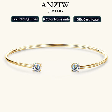 Anziw 5mm 0.5CT D VVS1 Moissanite Bangle Cuff Real 925 Sterling Silver Bracelet for Women Hand Opening Cuffs Fine Jewelry Gifts