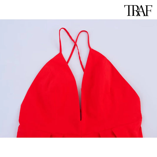 TRAF Women's Sexy V-neck Sleeveless Backless Dress Fashion Chic Spaghetti Straps Long Dress Temperament Commuter Women's