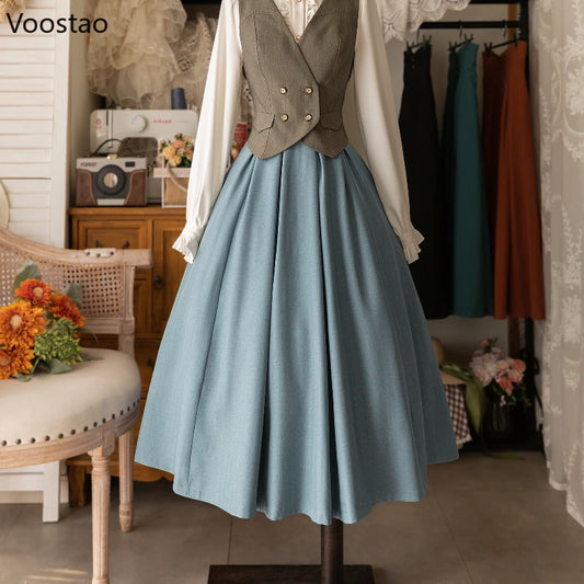 Vintage Victorian Lolita Midi Skirt Women Elegant Sweet Y2k Button Slim A-Line Long Skirts Japanese Female Classical Party Skirt