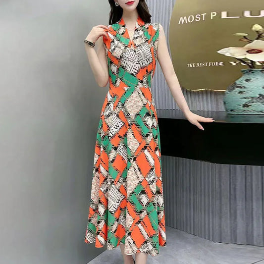 Summer Sleeveless Sundress Vintage Printed Commute V-Neck Female Clothing A-Line Casual Folds Elegant Drawstring Bow Midi Dress