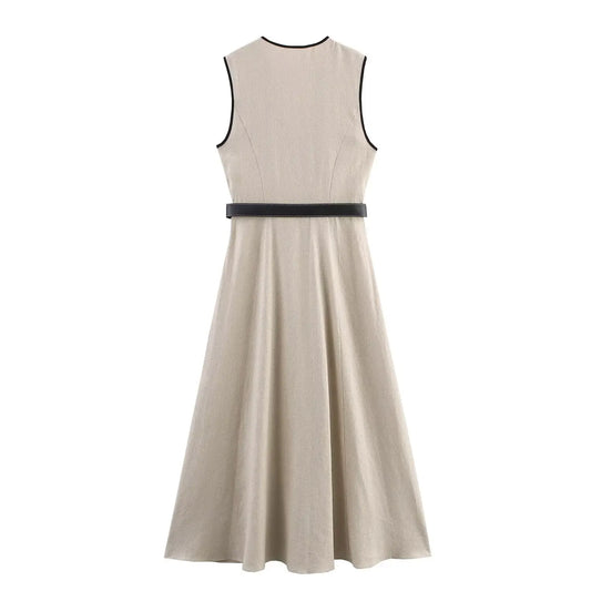 PB&ZA2025 Summer New Product Women's High End Casual and Fashionable Simple With Belt Sleeveless V-neck Medium Length Dress