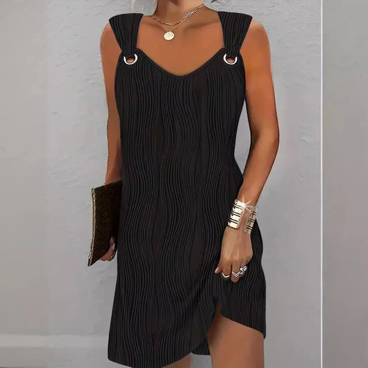 New Hot Sale Of The Season Women's Sleeveless Dress Pure Color Water Wave Pattern Midi Skirt Polyester Fiber Asymmetrical Hemlin