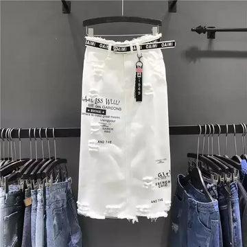 Midi Ripped Chubby Women's Denim Skirt High Waist White Female Jeans Skirts Y2k Vintage Streetwear A Line Korean Style Aesthetic