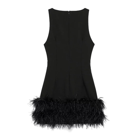 TRAF Elegant Mini Dresses 2024 Women's Feather Sleeveless Short Dresses Fashion Casual Party Evening Black Dress Vestidos