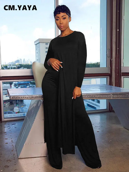CM.YAYA Solid Classic Women's Set Long Sleeve High Slit X-long Tee Top Straight Pant Suit Tracksuit Fitness Two 2 Piece Outfits