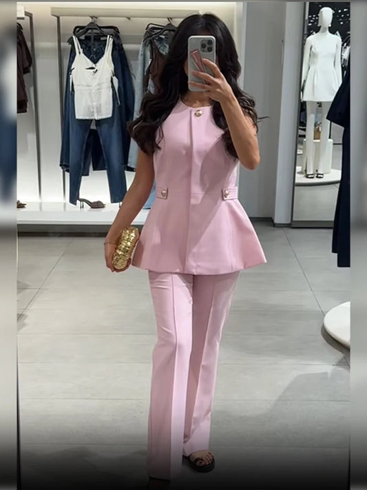Sleeveless Pink Top Straight Pants Set Women High Waist Long Pants Casual Set Summer New Arrival Temperament Fashion Clothing