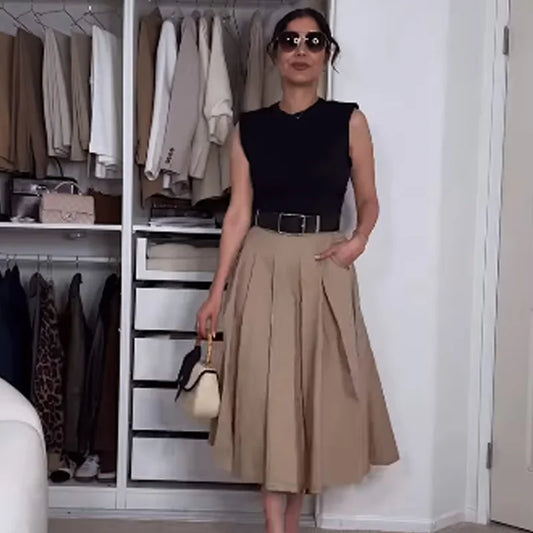 TRAF Womens Dresses 2025 Sleeveless Patchwork Long Dress Summer Pleated Elegant Party Dresses Belted Casual Midi Dresses 088