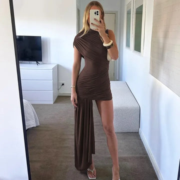 Talenza Brown Shrink Mini Dress Women's Fashion Slim Irregular Bandage Sleeveless Short Dress Vintage Y2k Party Dresses Vestidos