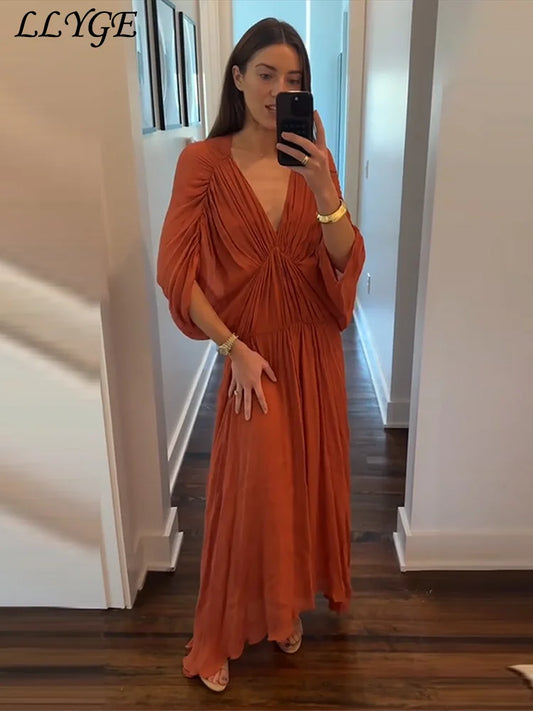 Elegant Pleated Long Party Dress Women Loose Batwing Sleeve V-neck Female Dresses 2025 Summer Lady Orange Holiday Beach Robes