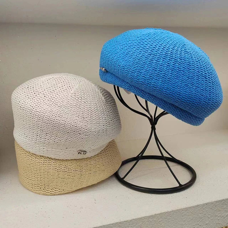 Paper beret hat for women summer  thin breathable finalize the design  mushroom cap versatile temperament painter cap