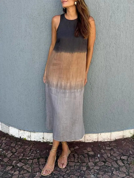 Summer women's casual cotton and linen sleeveless slit gradient dress