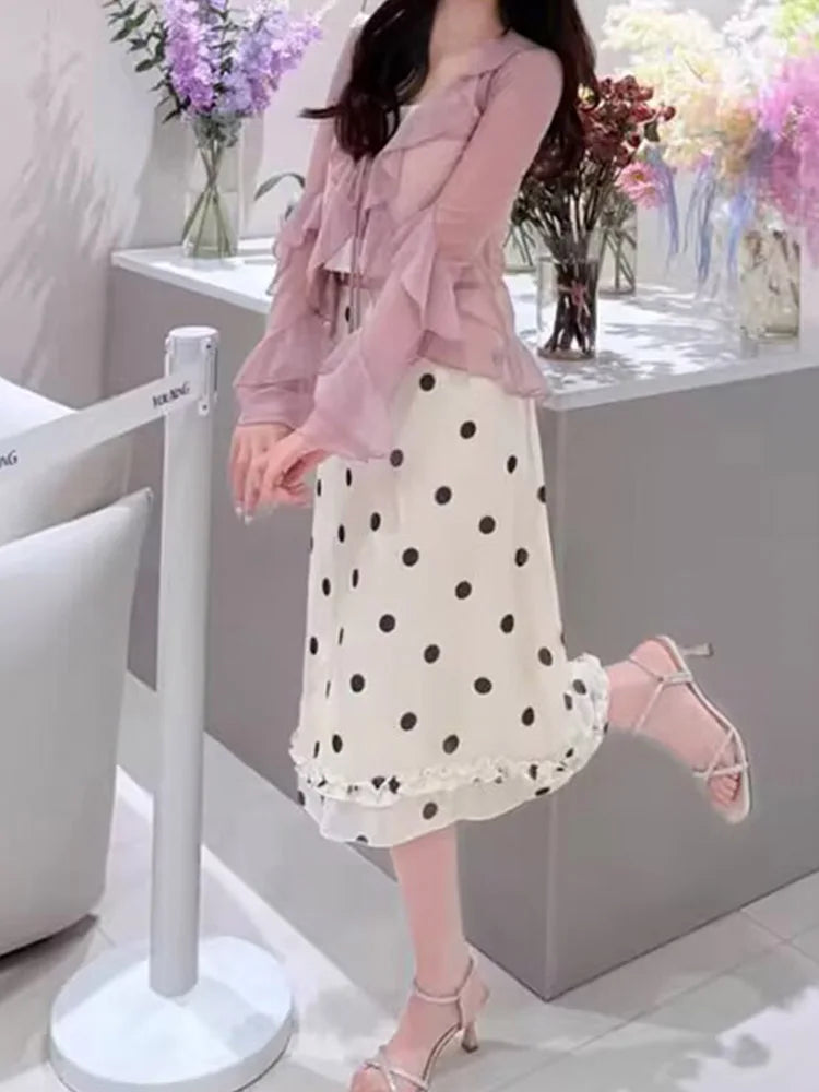 Fashion Polk Dot Printed Edible Tree Fungus Trim Skirts Women Holidays Zipper-Up Mesh Half Double Layers Bottoms 2025