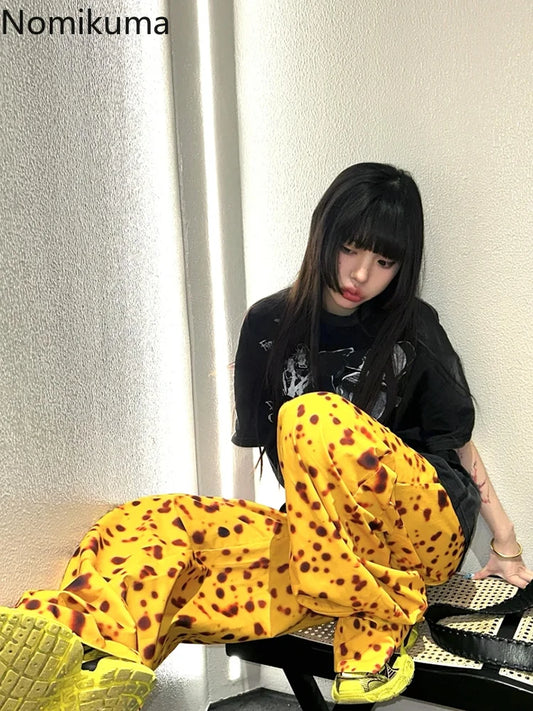 Vintage Leopard Wide Leg Pants Women 2025 New Bottoms Streetwear Pantalon Femme Casual Fashion Harajuku Straight Y2k Trousers