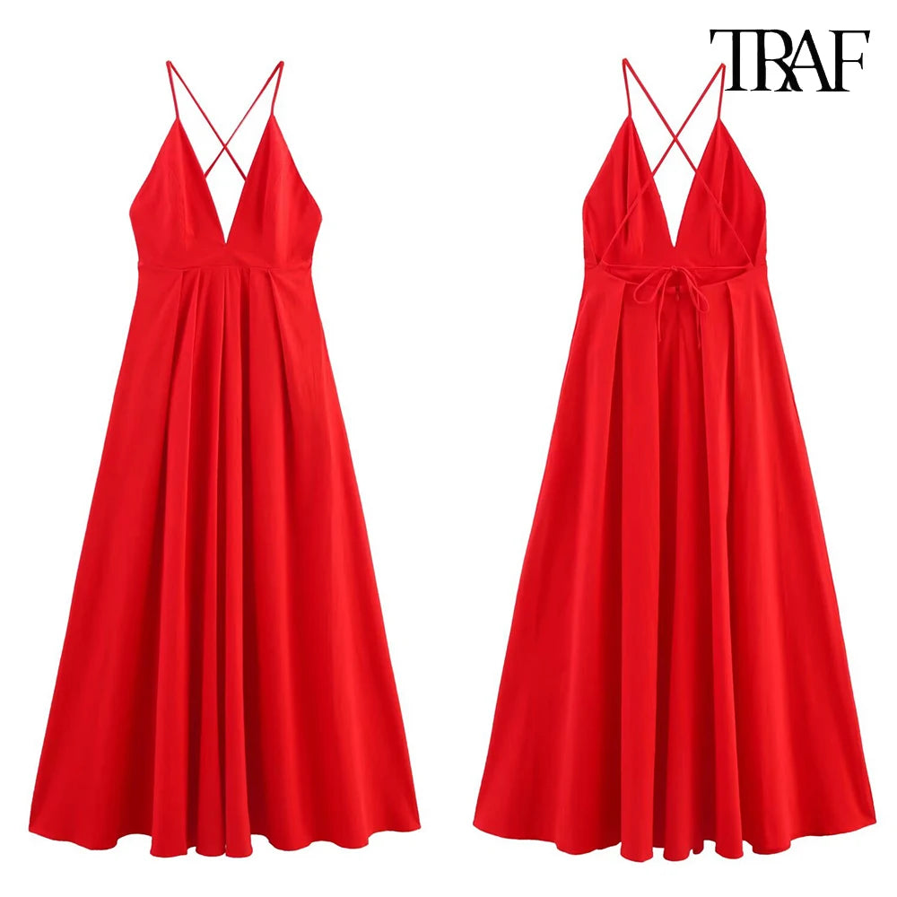 TRAF Women's Sexy V-neck Sleeveless Backless Dress Fashion Chic Spaghetti Straps Long Dress Temperament Commuter Women's