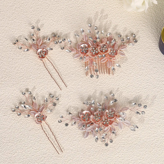 Rose Gold Alloy Flower Delicate Rhinestones Hair Comb & Pin Set Luxury Party Jewelry Hair Accessories Portrait Headpieces