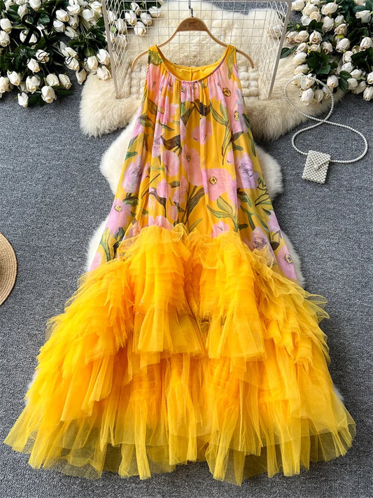 SINGREINY French Vintage Print Dress Women O-Neck Spaghetti Strap Mesh Splice Irregular Ruffles Beach Fashion Ball Gown Dresses