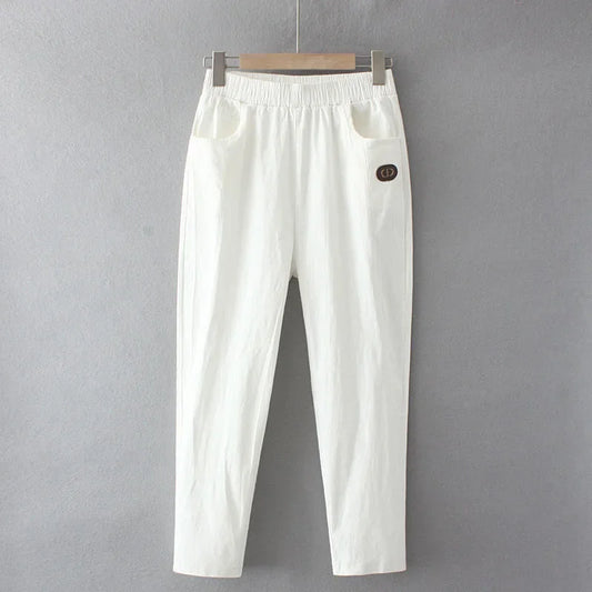 Casual Cotton Linen plus Size Women's Pants Summer Thin Pure Color Loose Harlan High Waist Nine Points Long Trousers