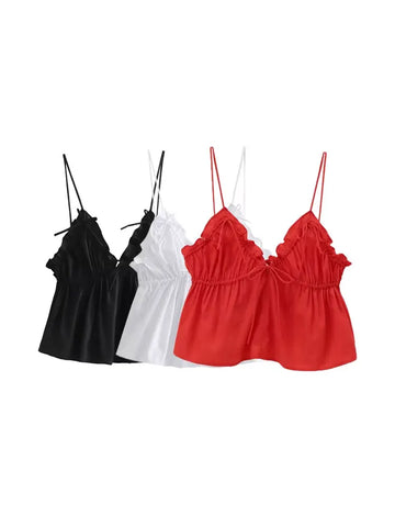 TRZA Women's Sexy Fashion Bow Tied Ruffled V-Neck Tank Top Thin Straps Backless Camisole Female Mujer