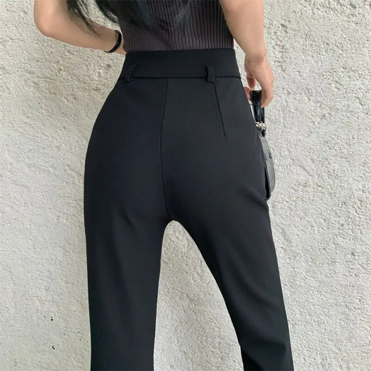 Spring Summer Casual Korean Black High Waist Wide Leg Pants Female Simplicity Elegant Solid Color Elastic Waist Flare Women Pant