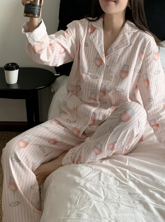 Women's Cotton Pyjama Suit Long Sleeve Single Breasted Ladies Sleepwear 2 Pcs with Pants Comfortable Pockets Pijamas Feminino