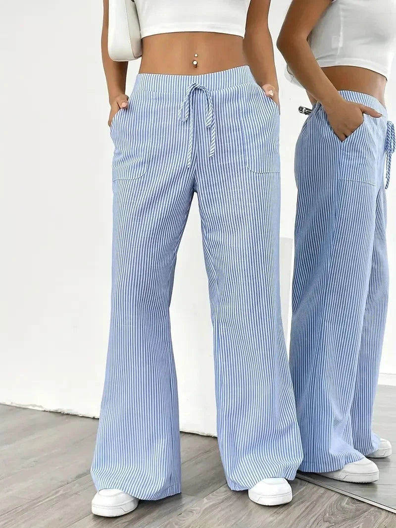 Plus Size Women's Striped Wide - Leg Pants, Drawstring Waist Casual Loose Fit Trousers for Summer