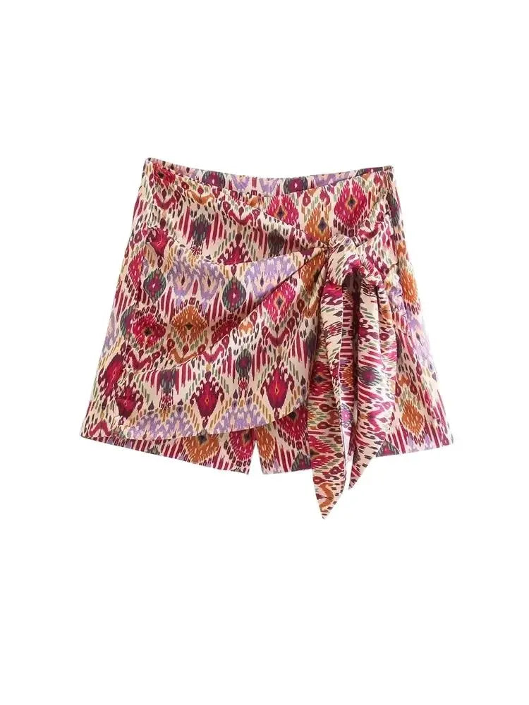 TRZA Women Fashion With Knotted Totem Print Shorts Skirts Vintage High Waist Side Zipper Female Skirts Mujer