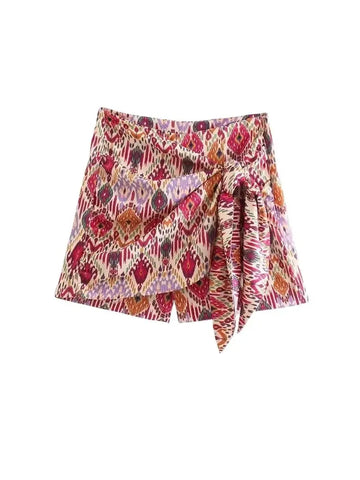 TRZA Women Fashion With Knotted Totem Print Shorts Skirts Vintage High Waist Side Zipper Female Skirts Mujer