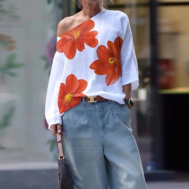 Krisstargirl 2025 Summer Flower Print Tops for Woman Elegant One-shoulder Long Sleeves Loose Tee T-Shirts for Women Clothes