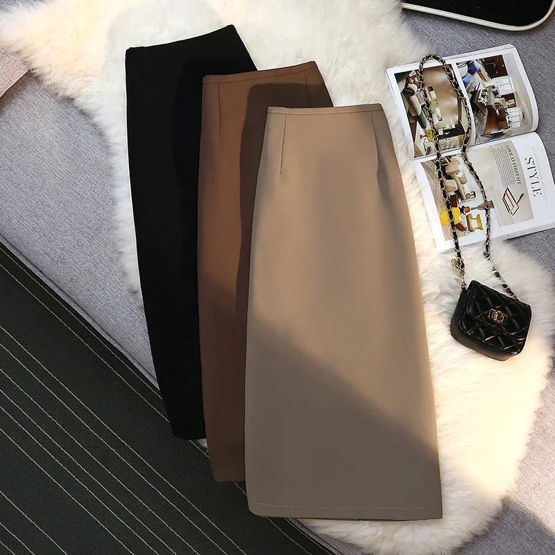 Spring Summer Elegant Women's Wrap Midi Skirts High Waist Black Workwear Back Zipper A-Line Skirts Female New