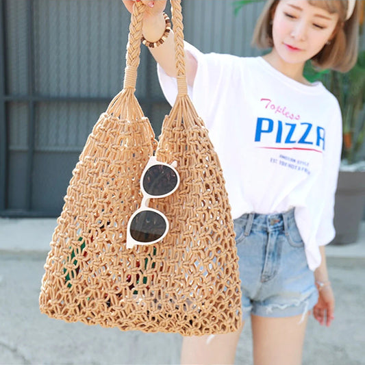 New Hollow Out Shoulder Bags Fashion Cotton Rope Fishing Net Bag Women's Knitting Handbag Summer Beach Totes