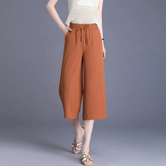 Wide leg Capris Women's thin Summer Minimalist High Waisted Drape Loose Oversized Chubby mm Casual Straight leg Pants Trendy