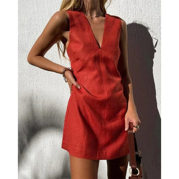 Vintage Linen Women's Dress Elegant Summer 2025 Sexy V-neck Short Beach Streetwear Dresses Mini Female Clothing Sundress Vestido